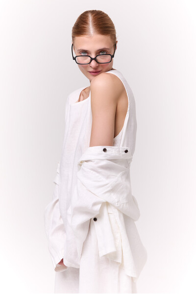 Лляний костюм із жакетом та сукнею Білий
