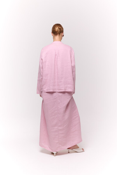 Лляний костюм із жакетом та сукнею Пудровий